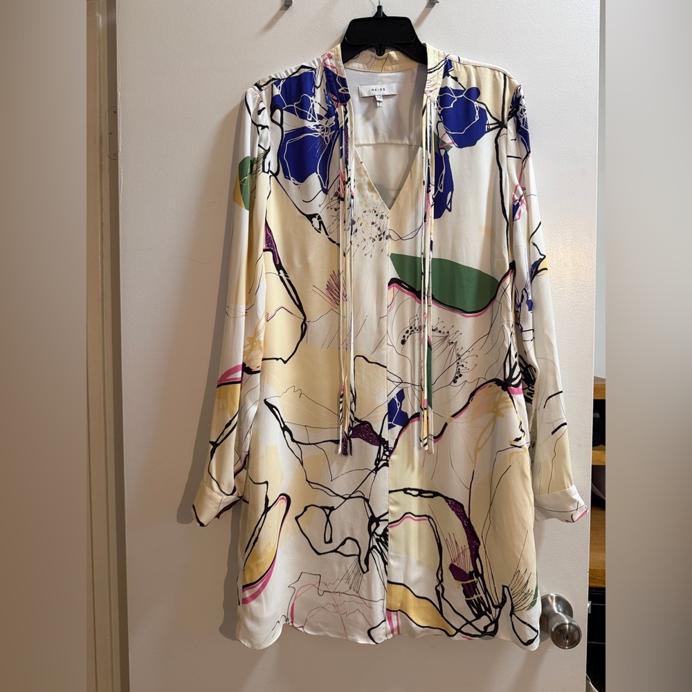 Reiss Cream Tunic with Bold Blue & Green Abstract Print